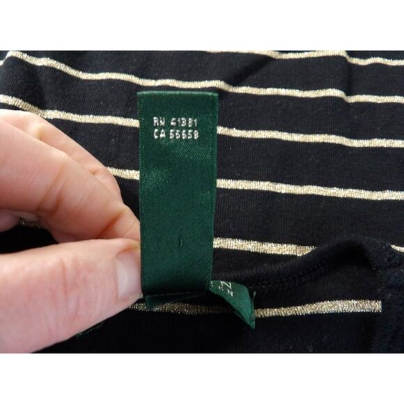 Lauren Ralph Lauren Womens Medium Shirt Tee Long Sleeve Black Gold Striped Basic - Picture 6 of 10